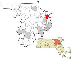 Location of Reading in Middlesex County, Massachusetts (left) and of Middlesex County in Massachusetts (right)