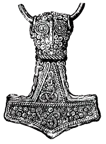 Drawing of a 4.6 cm gold-plated silver Mjölnir pendant found at Bredsätra on Öland, Sweden