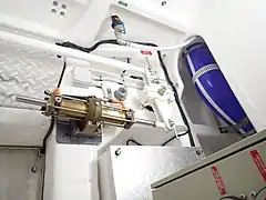 Port steering ram, tiller, rudder stock and link bar