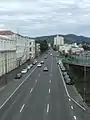 In Dunedin, the highway forms a pair of multi-lane one-way streets. Cumberland Street, 1&nbsp;km (0.62&nbsp;mi) south of the city centre.