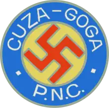 Logo of the National Christian Party featuring a swastika, the initials of the party and the names of its joint leaders, A. C. Cuza and Octavian Goga