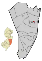 Location of Island Heights in Ocean County highlighted in red (right). Inset map: Location of Ocean County in New Jersey highlighted in orange (left).