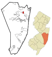 Map of Leisure Village East CDP in Ocean County. Inset: Location of Ocean County in New Jersey.