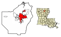 Location of Monroe in Ouachita Parish, Louisiana