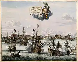 The capture of Cochin from the Portuguese by Rijckloff van Goens in 1663. Atlas van der Hagen, 1682.
