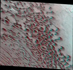 Hyperboreae Undae anaglyph 3D at the boundary with Boreum Cavus showing coexisting linear and barchan dunes