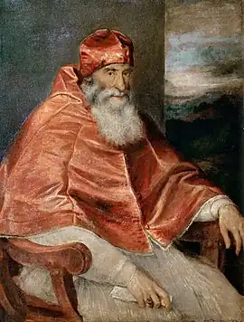 Pope Paul III with camauro (1546), Titian's slightly later variant of the original painting.