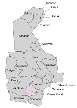 Location of Qasr-e Qand County in Sistan and Baluchestan province