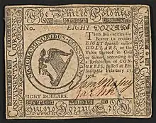 A 1776 eight-dollar banknote featuring the "United Colonies" name with the inscription ""EIGHT DOLLARS. THIS Bill entitles the Bearer to receive EIGHT Spanish milled DOLLARS, or the Value thereof in Gold or Silver, according to a Resolution of CONGRESS, passed at Philadelphia February 17, 1776."  ; Within border cuts: "Continental Currency" and "The United Colonies". ; Within circle: â€œMAJORA. MINORIBUS. CONSONANT". ; Verso: "EIGHT DOLLARS. PHILADELPHIA: PRINTED BY HALL & SELLERS. 1776."