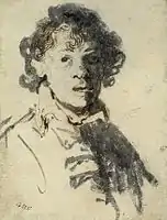Self-portrait as a young man with mouth open, c. 1629, British Museum. It "emphasises what was to become the shameless, dominant feature of all Rembrandt's self-portraits, the nose."