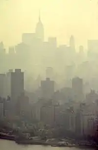 A morning skyline of New York City, with docks and the ocean visible at the bottom and progressively thicker haze into the distance. Only the outlines of far buildings can be seen, with details like windows or architectural features impossible to distinguish.