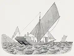 A sailboat of Borneo, with a tanja sail and a stage over the deck.