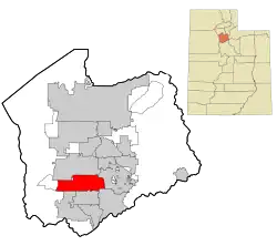 Two maps. The first map is a map of Utah with a colored in section in the middle representing where Salt Lake County is located. Second map is a map of Salt Lake County has a colored in section in the southwest showing where South Jordan is located.
