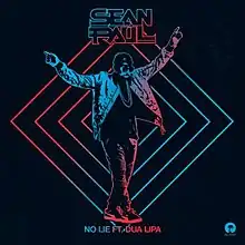 A drawing of Sean Paul with his arms up in red and blue with diamonds behind him appears in the center. His name appears on the top and the song's title "No Lie ft Dua Lipa" appears on the bottom, while his label's logo, Island Records, appears on the bottom right.