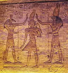 The gods Set (left) and Horus (right) blessing Ramesses in the small temple at Abu Simbel