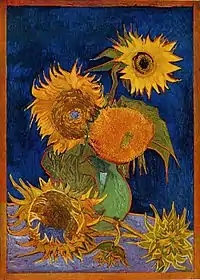 Sunflowers (F459), second version: royal-blue backgroundOil on canvas, 98 × 69&nbsp;cmFormerly private collection, Ashiya, Japan, destroyed by US air raid of World War II on 6 August 1945