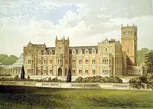 Somerleyton Hall in 1880. The Winter Garden (conservatory) on the left was demolished in 1914