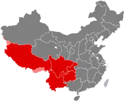 Government-defined region of Southwest China(including Chongqing, Sichuan, Guizhou, Yunnan, and Tibet)
(Red): Controlled by China ;(Light red): Disputed territory