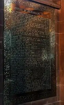St Mary's Church, Eccleston – the tablet in the new church which lists the Grosvenors buried in the demolished old church