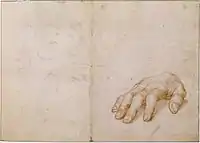 Louvre, Study of right hand of Erasmus, with sketch of face.  The hand relates to the London portrait; the face seems to be later, and related to the roundel of c. 1532