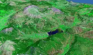 Plain is fertile, lake with high water, Snow on Mount Kyllini (2.374 m), NASA WorldWind (8 km)