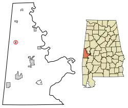 Location of Emelle in Sumter County, Alabama.