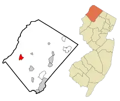 Map of Crandon Lakes in Sussex County. Inset: Location of Sussex County in New Jersey.