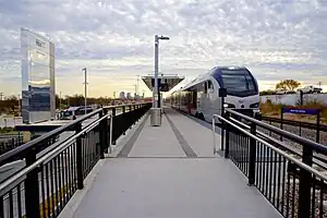 North Side station seen from the north end of the station. Downtown Fort Worth, Texas, which is south of the station, can be seen from the rail platform level.