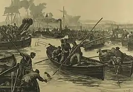 Thames watermen in a small rowing boats, using boathooks to pull the dead from the river