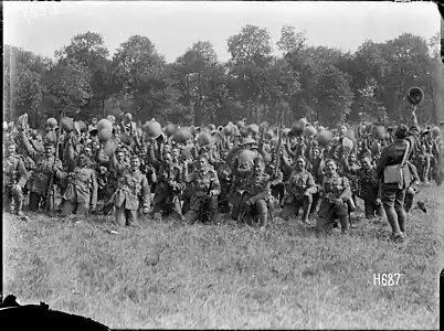 H687. Cheers for Massey and Ward on their departure from Bois-de-Warnimont, 30 June 1918. Photo: Henry Armytage Sanders
