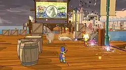 Bart, in his Bartman guise prepares to fire a catapult at an oncoming dolphin. Lisa runs in the background to join in the attack.