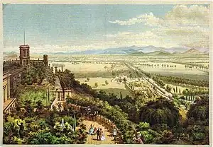 The Valley of Mexico from Chapultepec, painting of 1850 by Casimiro Castro. Museo Soumaya.during the Mexican-American War, ca. 1847 by Nathaniel Currier. Library of Congress.