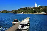 The archipelago in Ladoga Lake with the Monastery of the Transfiguration of the Saviour.