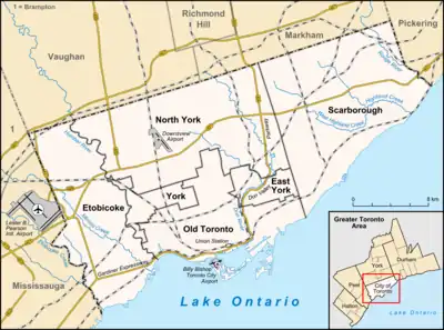Map with indicator in southeast Toronto