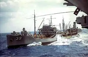 USS Kankakee (AO-39) refueling USS Wasp (CVS-18) in the North Atlantic c1968