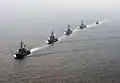 From front to back, USS Momsen, ROKS Seoae Ryu Seyong-ryong, USS Decatur, ROKS Yulgok Yi I and ROKS Kwang Myung on 22 May 2016.