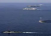 Miami steams through the Arabian Sea accompanied by the USS Enterprise (CVN-65), USNS Supply (T-AOE-6), and USS Gettysburg (CG-64). (11 November 2007)