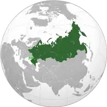 The Union State of Russia and Belarus on the globe, with Russian-occupied territories in light green