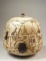 Vase with incised figurative decor of landscape with buildings, 1956-62