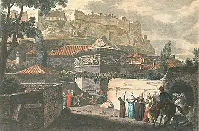 General view of the tower, from Stuart & Revett's The Antiquities of Athens, illustration drawn in 1751, with added hand-colouring