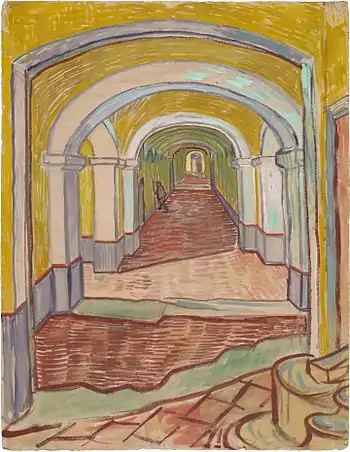 Corridor in Saint-Paul Hospital, Oil color and essence over black chalk on pink laid ("Ingres") paper1889The Metropolitan Museum of Art, New York (F1529)
