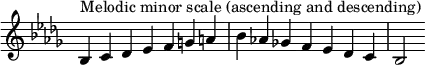 {
\omit Score.TimeSignature \relative c' {
\key bes \minor \time 7/4 bes^"Melodic minor scale (ascending and descending)" c des es f g a bes aes! ges! f es des c bes2
} }