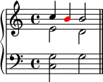 \new PianoStaff <<
\new Staff <<
\new Voice \relative c'' {
\stemUp \clef treble \key c \major \time 4/4
c4 \once \override NoteHead.color = #red b b2
}
\new Voice \relative c' {
\stemDown
e2 d
}
>>
\new Staff <<
\new Voice \relative c {
\clef bass \key c \major \time 4/4
<c g'>2 g' \bar "||"
}
>>
>>