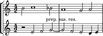 { << \new StaffGroup <<
\new Staff <<
\set Staff.midiInstrument = #"voice oohs"
\clef treble \time 4/2
\relative c'' {
\clef treble \time 4/2
b2 c1 bes2 a1 g2 a
}
>>
\new Staff <<
\set Staff.midiInstrument = #"voice oohs"
\clef treble \time 4/2
\new Voice \relative c' {
r2 e f g~ g ^\markup { \center-align { "prep. sus. res." } } f e d4 e
}
>>
>>
>> }
