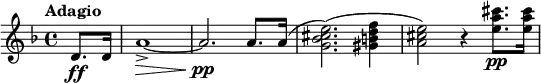 \relative c' {
\key d \minor
\tempo "Adagio"
\partial 4 d8.\ff d16 | a'1~->\> | a2.\pp\! a8. a16( | <e' cis bes g>2.)( <f d b gis>4 | <e cis a>2 ) r4 <cis' a e>8.\pp <cis a e>16
}