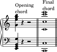 {
\override Score.TimeSignature #'stencil = ##f
{ \new PianoStaff <<
\new Staff {
\clef treble \time 4/4
<g' e'' g'' b''>4^\markup { \column { "Opening" "chord" } } r r2 \bar "||"
<c' c'' c''' e'''>1^\markup { \column { "Final" "chord" } } \bar "||"
}
\new Staff {
\clef bass \time 4/4
<e, g, b, g>4 r r2 \bar "||"
<c, c>1 \bar "||"
}
>> } }