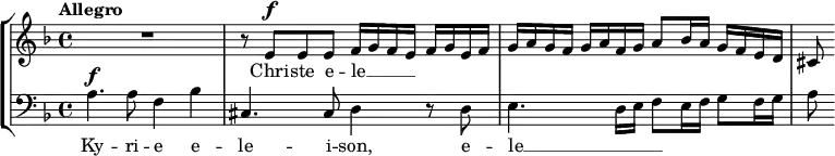 { \new StaffGroup <<
\new Staff <<
\tempo Allegro
\set Staff.midiInstrument = #"voice oohs"
\clef treble \key d \minor \time 4/4
\relative c'' {
\set Score.tempoHideNote = ##t \tempo 4 = 112
\clef treble \key d \minor \time 4/4
R1 r8 e,^\markup {\dynamic f} e e f16 g f e f g e f g a g f g a f g a8 bes16 a g f e d cis8
}
\addlyrics { Chri -- ste e -- le __ _ _ _ }
>>
\new Staff <<
\set Staff.midiInstrument = #"voice oohs"
\clef bass \key d \minor \time 4/4
\new Voice \relative c' {
a4.^\markup {\dynamic f} a8 f4 bes cis,4. cis8 d4 r8 d e4. d16 e f8 e16 f g8 f16 g a8
}
\addlyrics { Ky -- ri -- e e -- le -- i -- son, e -- le __ _ _ _ }
>>
>> }