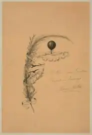 Drawing of stalk of wheat and balloon flying above clouds, by Maurice Mallet