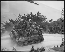 Tank-borne infantry desant on M4 Sherman, of the 29th Marines, Okinawa, 1945