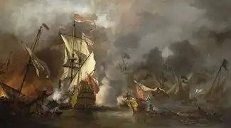 An English Ship in Action with Barbary Vessels by Willem van de Velde the Younger (1633–1707)